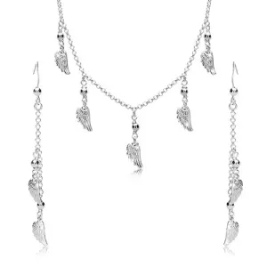 Komplet iz srebra 925 – uhani in ogrlica, angelsko krilo in kroglice na verižici