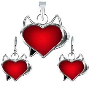 Komplet uhanov in obesek iz srebra 925 – rdeče srce z rogovi