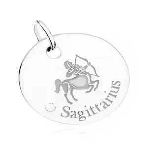 Obesek - okrogla ploščica, zodiakalno znamenje STRELEC, prozoren kamenček, srebro 925
