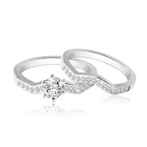 Komplet dveh prstanov iz 925 srebra, poročni prstan in prstan - valovita linija, bleščečih, okroglih, cirkonov  - Velikost: 49