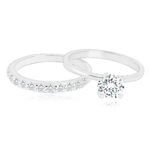 Komplet srebrnih prstanov – poročni prstan z lesketavo polovičko, prstan s cirkonom - Velikost: 60