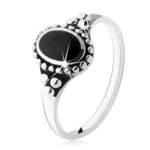 Patiniran prstan iz srebra 925, črn oval, drobne kroglice, visok sijaj - Velikost: 51