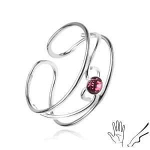 Prstan iz srebra 925, valovita linija z rožnatim kamnom