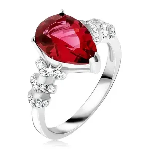 Prstan iz srebra čistine 925 - rdeč kamen v obliki solce, prozorne cirkonaste puščice - Velikost: 59