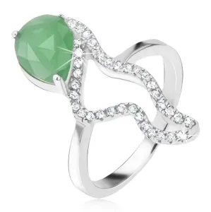 Prstan iz srebra čistine 925 - zelen kamen v obliki solze, valovita cirkonasta linija - Velikost: 48