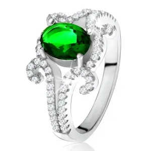 Prstan iz srebra čistine 925 - zelen ovalen kamen, ukrivljena kraka s cirkoni - Velikost: 57