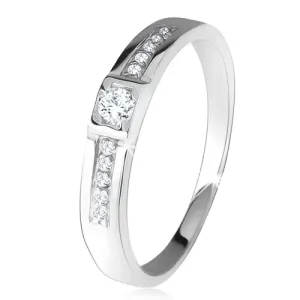 Sijoč poročni prstan, dve ravni liniji, prozorni kamenčki, srebro čistine 925 - Velikost: 50