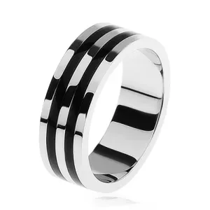 Sijoč poročni prstan iz srebra 925, dve črni progi - Velikost: 54