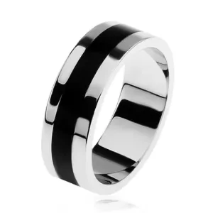 Sijoč srebrn prstan 925, črn glaziran pas na sredini - Velikost: 55