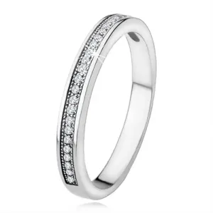 Srebrn poročni prstan 925, ozka kraka, vzdolžna linija prozornih kamenčkov - Velikost: 55