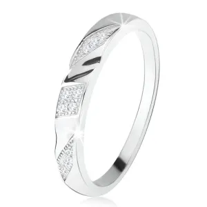 Srebrn poročni prstan 925, poševni vgravirani pasovi s prozornimi cirkoni - Velikost: 48