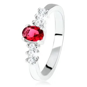Srebrn poročni prstan čistine 925, ovalen rdeč kamen, prozorni cirkoni - Velikost: 57