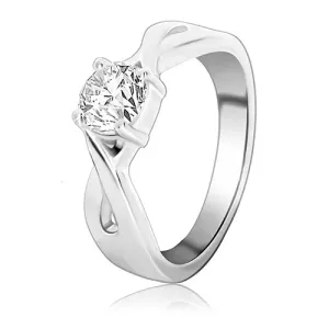 Srebrn poročni prstan - okrogel cirkon med prepletenima črtama - Velikost: 49