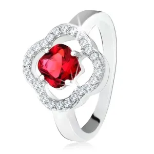 Srebrn prstan 925, brušen rdeč kamen, prozorni cirkoni, cvetlica - Velikost: 52