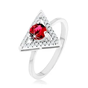 Srebrn prstan 925 - cirkonski obris trikotnika, okrogel rdeč cirkon - Velikost: 60