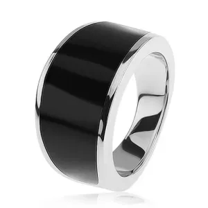 Srebrn prstan 925 - črn emajliran pas, sijoča in gladka površina - Velikost: 63