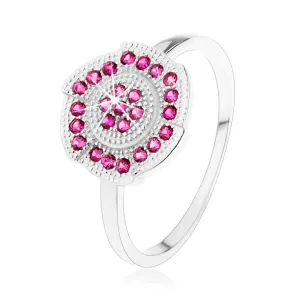 Srebrn prstan 925, gravirana cvetlica z okrasnimi rožnatimi cirkoni - Velikost: 57