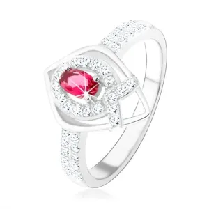 Srebrn prstan 925, obris koničaste kaplje, rožnat cirkon, linija v obliki črke V - Velikost: 50