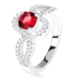 Srebrn prstan 925, okrogel rdeč okrasni kamen, ukrivljena kraka s cirkoni - Velikost: 49