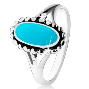 Srebrn prstan 925, oval turkiznega odtenka, obroba iz drobnih kroglic, razcepljena kraka - Velikost: 49