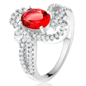 Srebrn prstan 925 - ovalen rdeč okrasni kamen, dekorativno razcepljena kraka s cirkoni - Velikost: 54