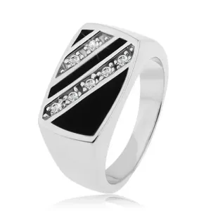 Srebrn prstan 925, pravokotnik - poševne linije prozornih cirkonov, črna glazura - Velikost: 54