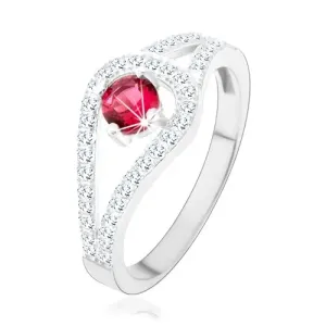 Srebrn prstan 925, razcepljena lesketajoča kraka, rožnat cirkon - Velikost: 59