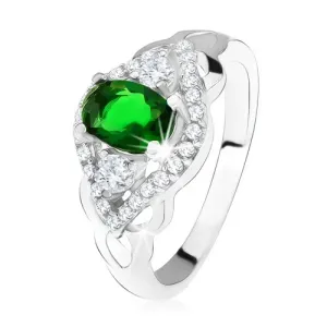 Srebrn prstan 925, temno zelen okrasni kamen, obroba iz prozornih cirkonov, oblika očesa - Velikost: 52