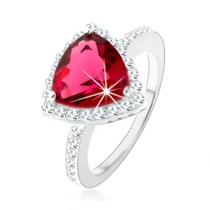 Srebrn prstan 925, trikotnik, rožnat cirkon, lesketajoča obroba, izrezi - Velikost: 58