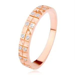 Srebrn prstan 925 v bakreni barvi, diamantni izrezi, prozorni cirkoni - Velikost: 49