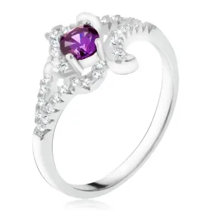 Srebrn prstan čistine 925 - vijoličast okrasni kamen, ukrivljena kraka s cirkoni - Velikost: 51