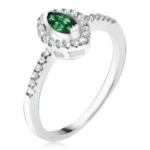 Srebrn prstan - elipsast zelen kamen, cirkonasta kontura - Velikost: 48