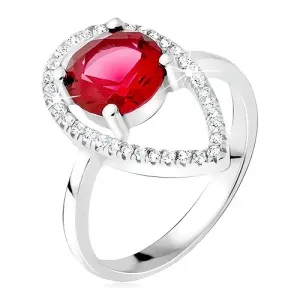 Srebrn prstan - okrogel rdeč kamen, kontura solze z vdelanimi cirkoni - Velikost: 54
