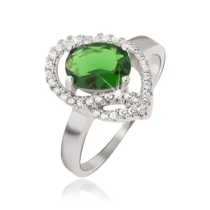 Srebrn prstan, ovalen zelen kamen, loki iz cirkonov - Velikost: 54