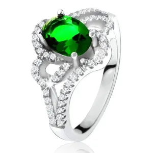 Srebrn prstan, poševen ovalen cirkon zelene barve, zaobljene linije, prozorni kamenčki - Velikost: 52