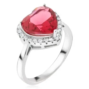 Srebrn prstan - velik rdeč kamen v obliki srca, cirkonast rob - Velikost: 48