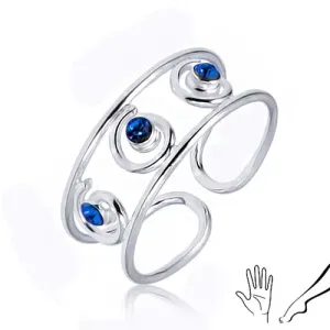 Srebrn prstan za nogo ali roko - trije modri cirkoni v spiralah
