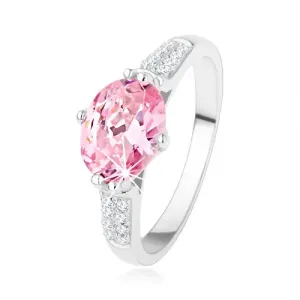 Srebrn zaročni prstan 925, ovalen rožnat cirkon, drobni prozorni cirkoni - Velikost: 48