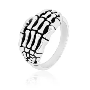 Trojni prstan iz srebra 925  - detajlno oblikovana roka okostnjaka, sijoča kraka, patina - Velikost: 62