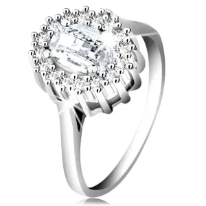 Zaročni prstan iz srebra 925, brušen ovalen cirkon, obroba iz cirkončkov - Velikost: 60