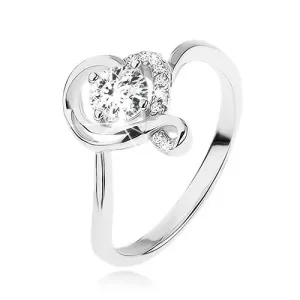 Zaročni prstan iz srebra 925, okrogel prozoren cirkon na obrisu valovitega srca - Velikost: 49