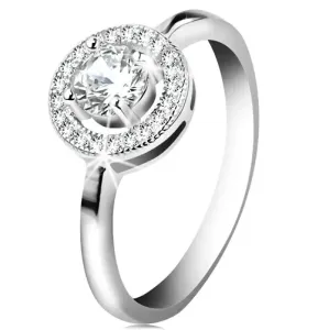 Zaročni prstan iz srebra 925, okrogel prozoren cirkon v sijočem obročku - Velikost: 50