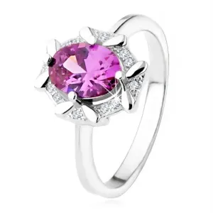 Zaročni prstan iz srebra 925, ovalen vijoličen kamen, obroba s cirkoni - Velikost: 49