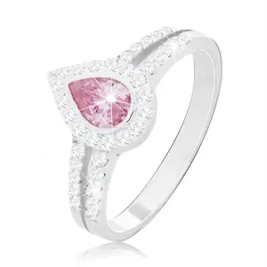 Zaročni prstan iz srebra 925, rožnata kaplja med cirkonskima linijama - Velikost: 50