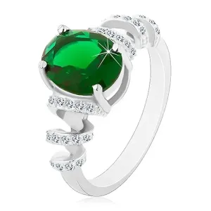 Zaročni prstan, prevlečen z rodijem, srebro 925, ovalen zelen cirkon, bleščeča spirala - Velikost: 51