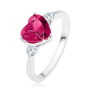 Zaročni prstan - temno rožnato cirkonsko srce, dva prozorna kamenčka, srebro 925 - Velikost: 52