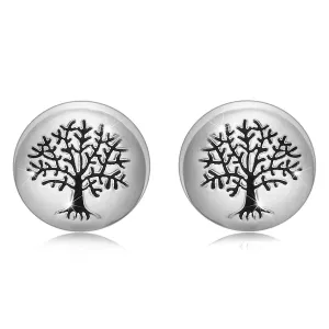 925 srebrni uhani - gladek krog, črno drevo življenja, čepki