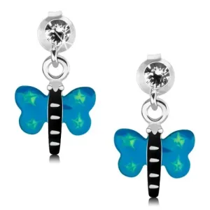 Uhani iz srebra 925, metulj z modrimi krili in zelenimi zvezdicami