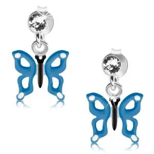 Uhani iz srebra 925, modro-bel metulj z izrezi na krilih, kristal