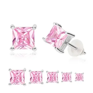 Uhani iz srebra 925 – oglat cirkon rožnate barve v kvadratasti objemki, čepki - Velikost cirkona: 3 mm